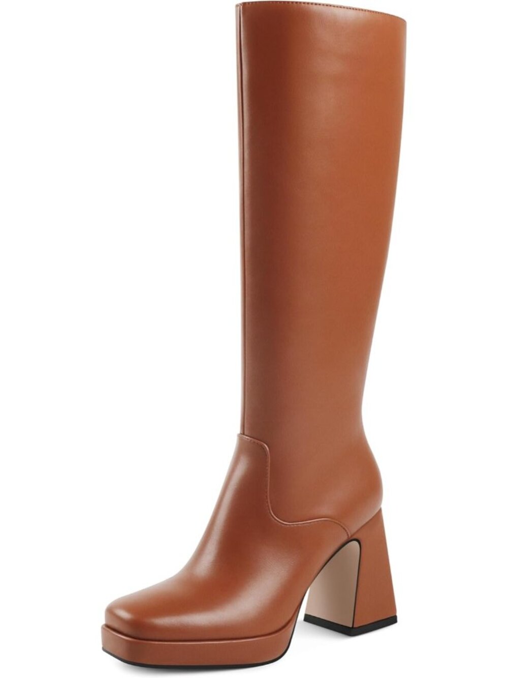 Women's Brown Platform Chunky Block Heel Square Toe Faux Leather Tall Boots